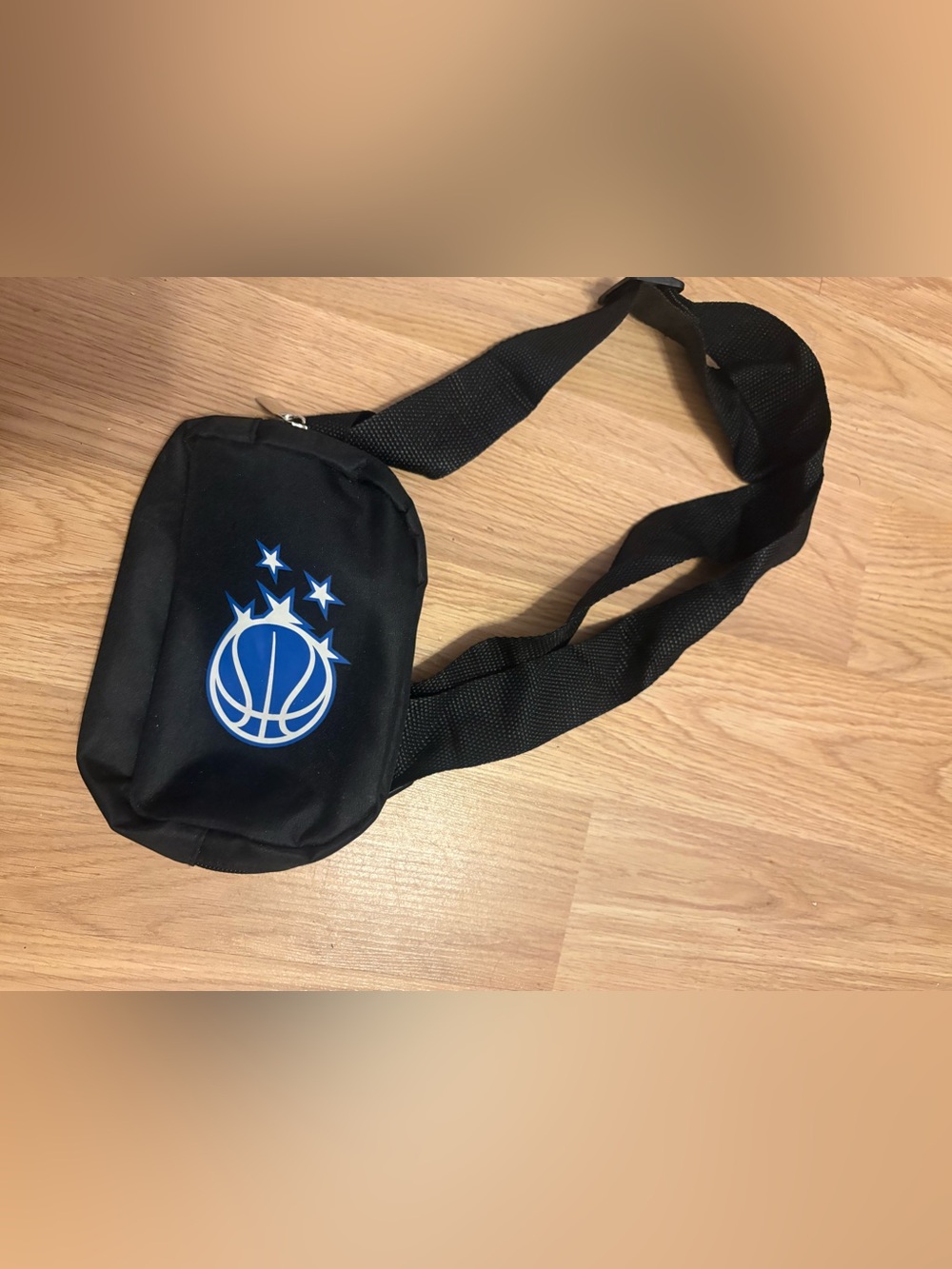Black Crossbody Orlando Magic Sling Belt Bag with Blue Basketball Graphic